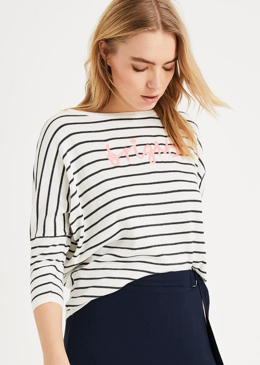 Phase Eight Suzanne Stripe Logo Knit 3/4 Sleeve Jumper Grey/White S RRP69