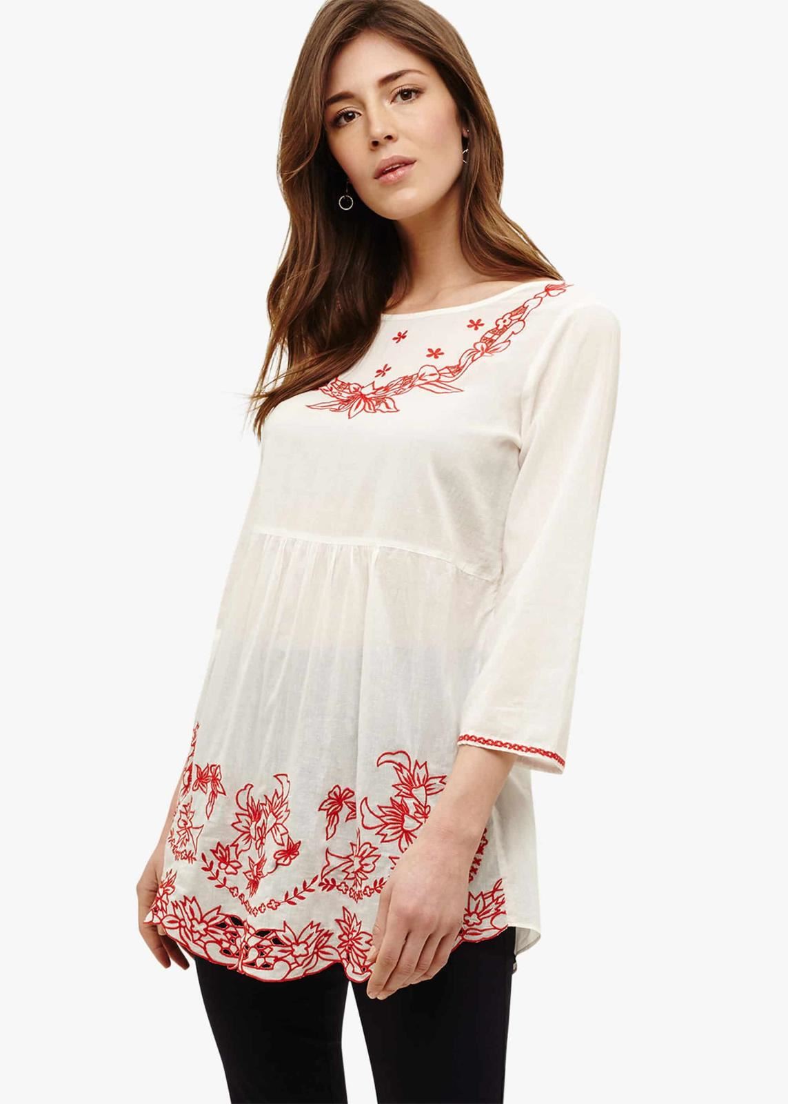 Phase Eight Nigella Embroidered Cotton Boat Neck Blouse Red/White Size UK8 RRP65