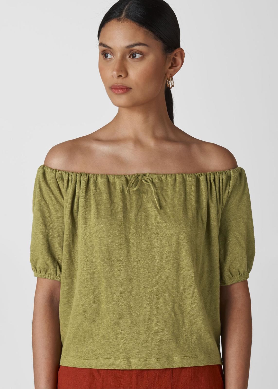 WHISTLES Ladies Drawstring Bardot Linen Top Olive Green M BNWT RRP55