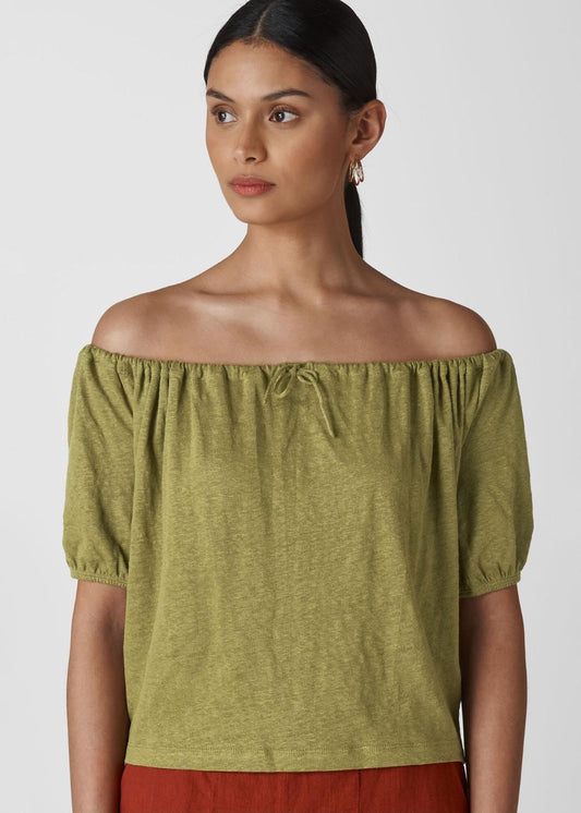 WHISTLES Ladies Drawstring Bardot Linen Top Olive Green M BNWT RRP55