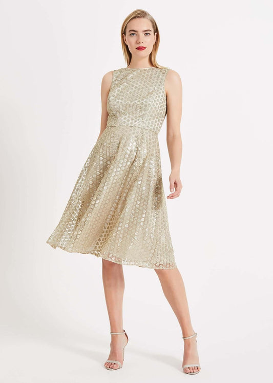 Phase Eight Imani Sequin Flower A-Line Dress Gold Size UK16 RRP225