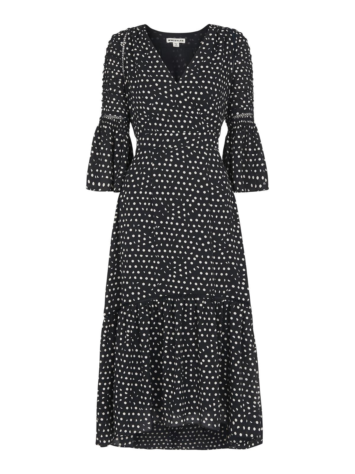 WHISTLES Advika Spot Midi Dress Fluted Sleeve V-neck Navy/Multi UK4 RRP199 BNWT