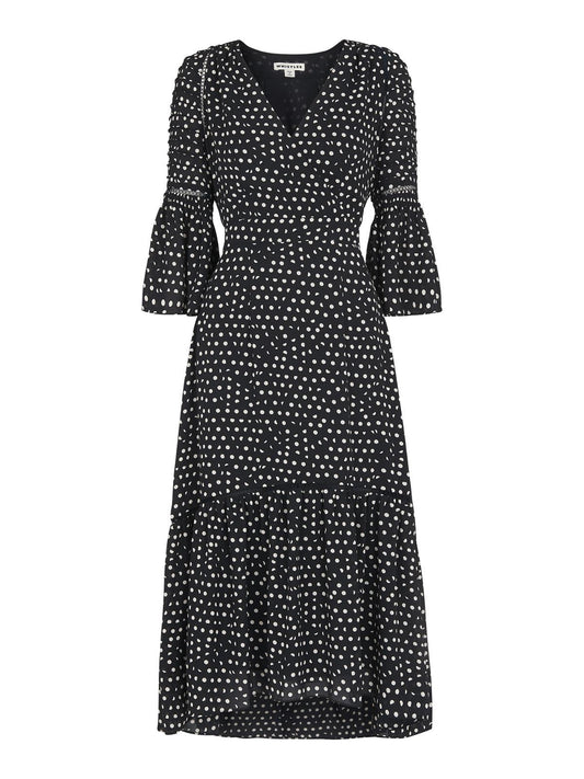WHISTLES Advika Spot Midi Dress Fluted Sleeve V-neck Navy/Multi UK4 RRP199 BNWT