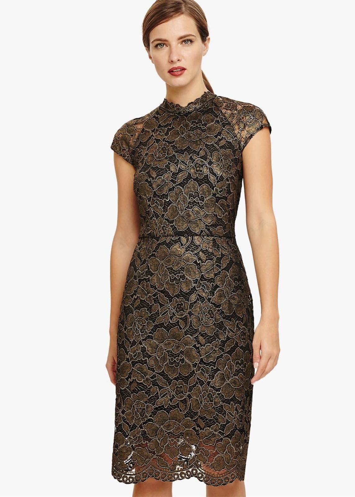 Phase Eight Janie Metallic Corded Lace Shift Dress Black/Gold Size UK12 RRP130