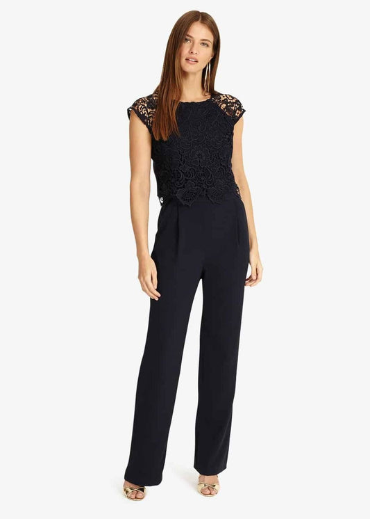 Phase Eight Cortine Lace Short Sleeve Jumpsuit Navy Crew Neck Size UK8 RRP159