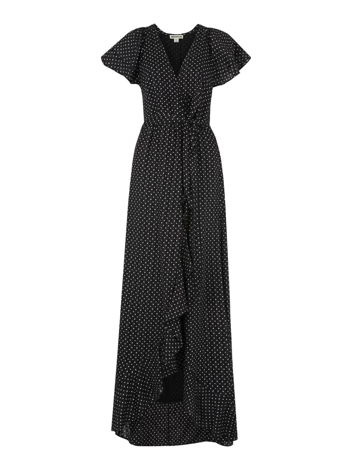 WHISTLES Spot Maxi Dress Black & White Polka Dot Cap Sleeve UK4 RRP159 BNWT
