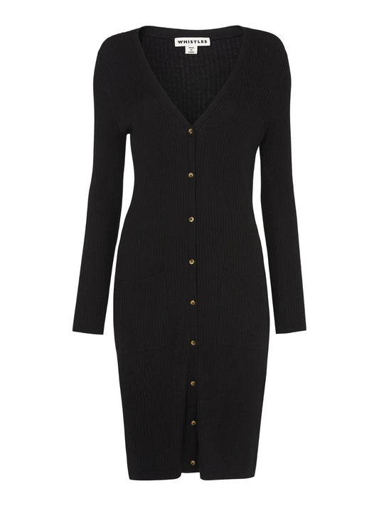WHISTLES Ladies Longline Skinny Rib Knit Button Cardigan Black UK4 BNWT RRP119