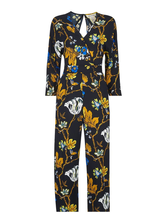 WHISTLES Ladies Black Floral Scarf Print 3/4 Sleeve Jumpsuit UK16 BNWT RRP189