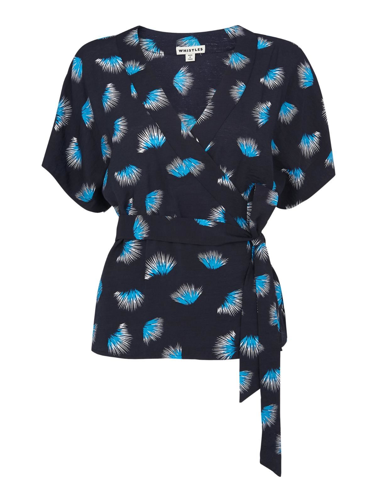 WHISTLES Ladies Coral Print Wrap Top Black Blue V Neck Size UK6 RRP99 BNWT