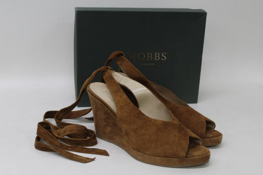 HOBBS Ladies Caramel Brown Suede Ankle Lace Up Katrina Wedge Sandals UK7 NEW