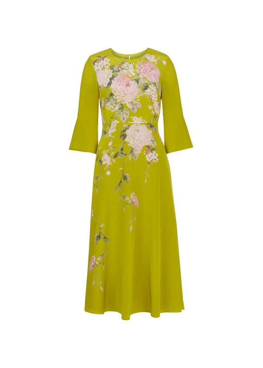 Hobbs Silk Sadie Fit & Flare Dress Chartreuse Mlt Size UK6 RRP299