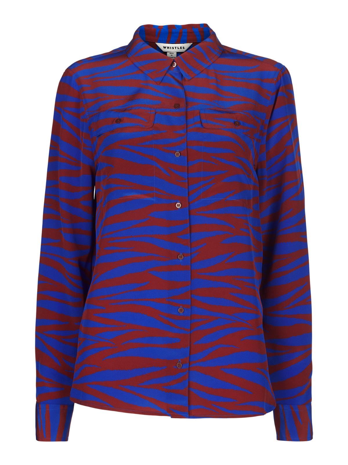 WHISTLES Ladies Red Blue Tiger Print Silk Collared Shirt Size UK4 BNWT RRP159