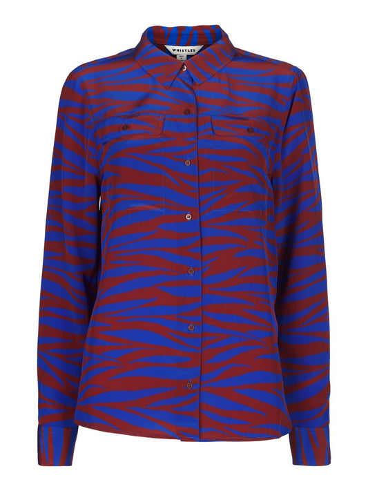 WHISTLES Ladies Red Blue Tiger Print Silk Collared Shirt Size UK4 BNWT RRP159