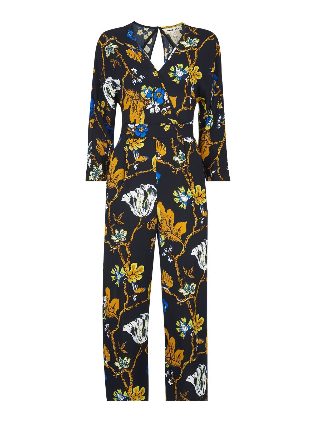WHISTLES Ladies Black Floral Scarf Print 3/4 Sleeve Jumpsuit UK4 BNWT RRP189