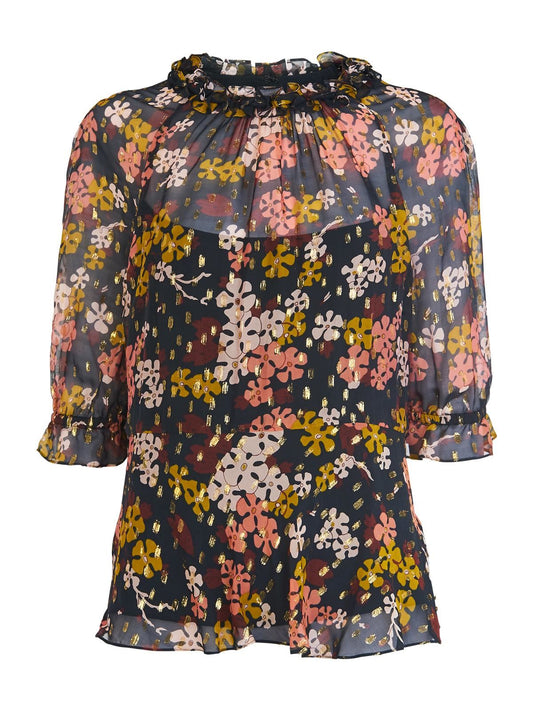 WHISTLES Ladies Black Clover Floral 3/4 Sleeve High Neck Top UK6 BNWT RRP129