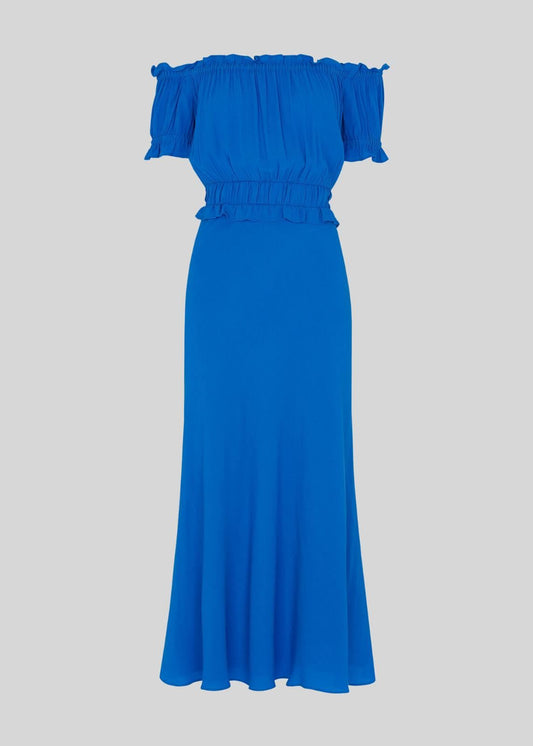 WHISTLES Floren Shirred Bardot Peplum Dress Cobalt Blue UK10 RRP179 BNWT