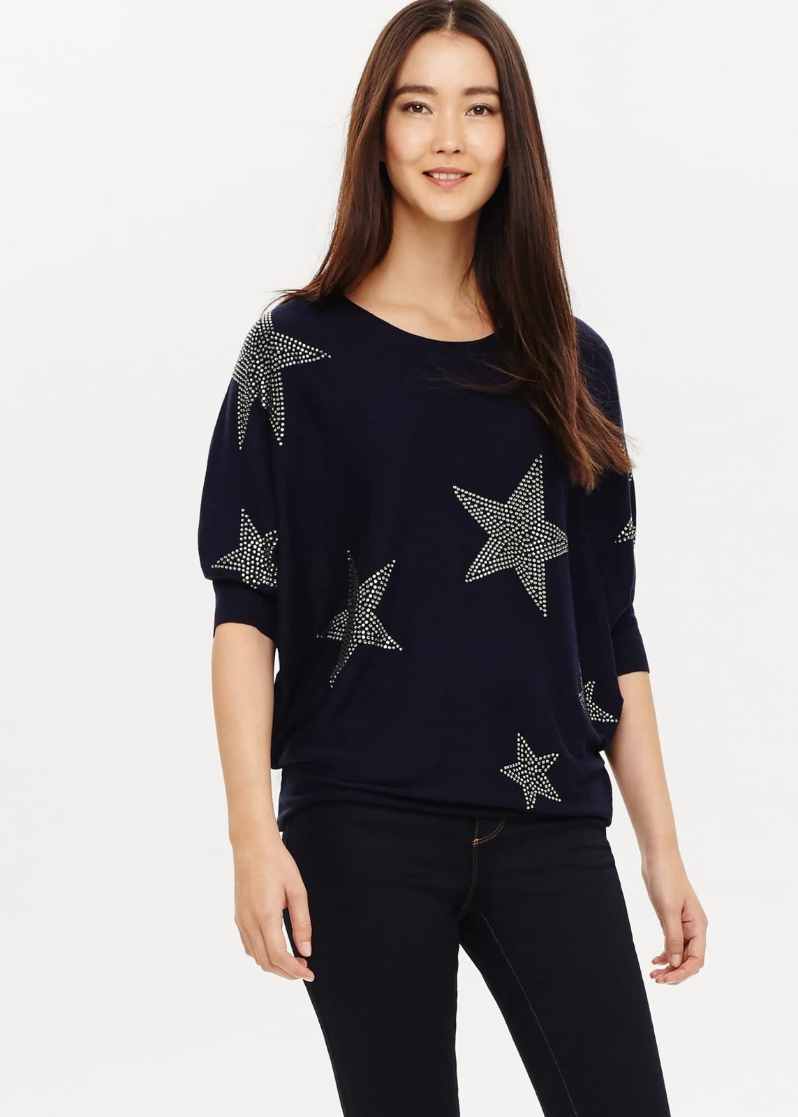 Phase Eight Becca Star Short Sleeve Knit Jumper Navy XS RRP79