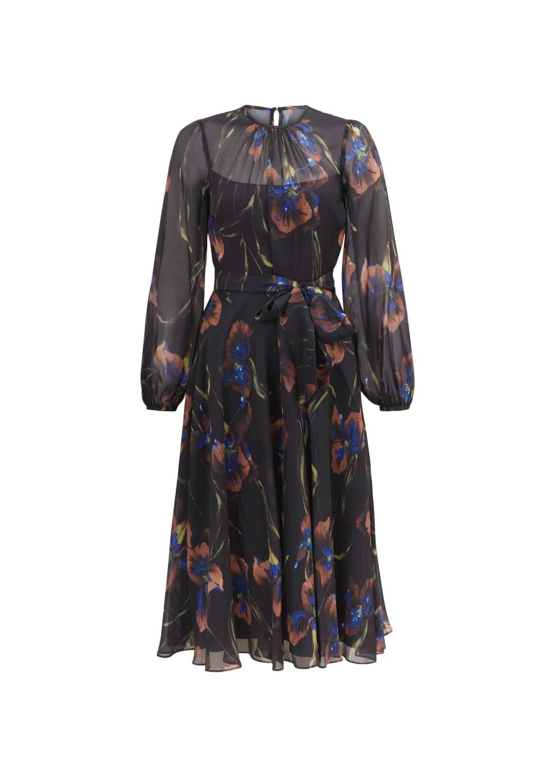 Hobbs Silk Tullia Fit & Flare Dress Black Multi Size UK6 RRP299