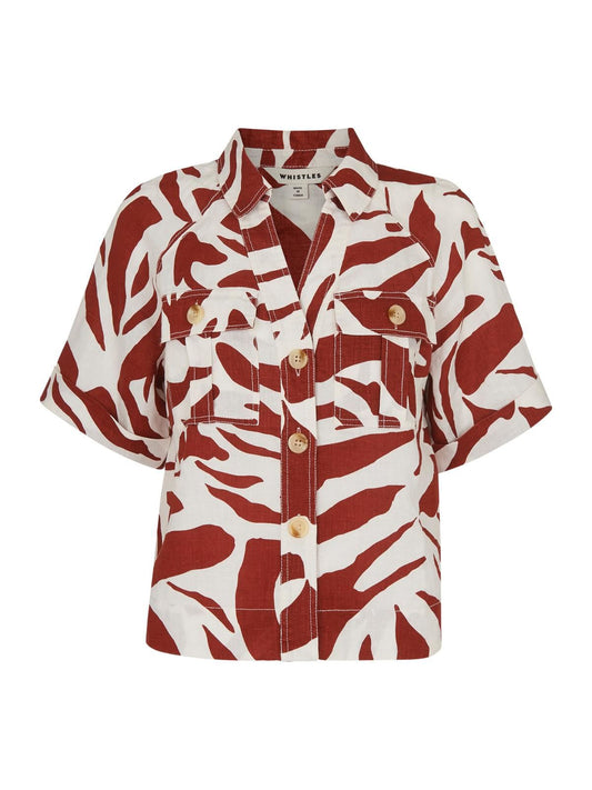 WHISTLES Ladies Red Ivory Linen Zebra Print Shirt Short Sleeve UK8 BNWT RRP99