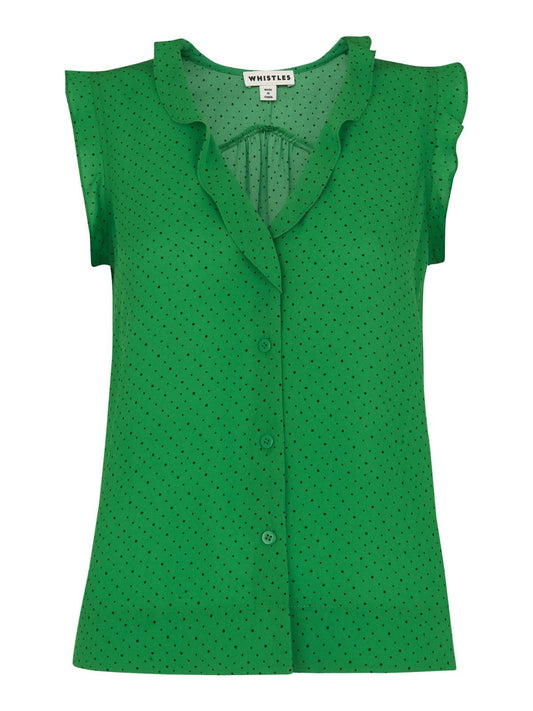 WHISTLES Ladies Green Multicolour Micro Spot Emily Frill Top UK6 RRP89 BNWT