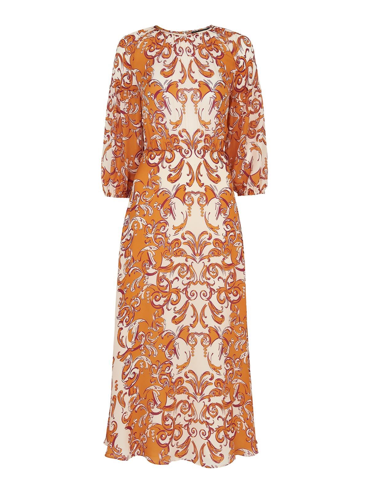 WHISTLES Ladies Yellow Silk Baroque Print 3/4 Sleeve Midi Dress UK8 BNWT RRP329