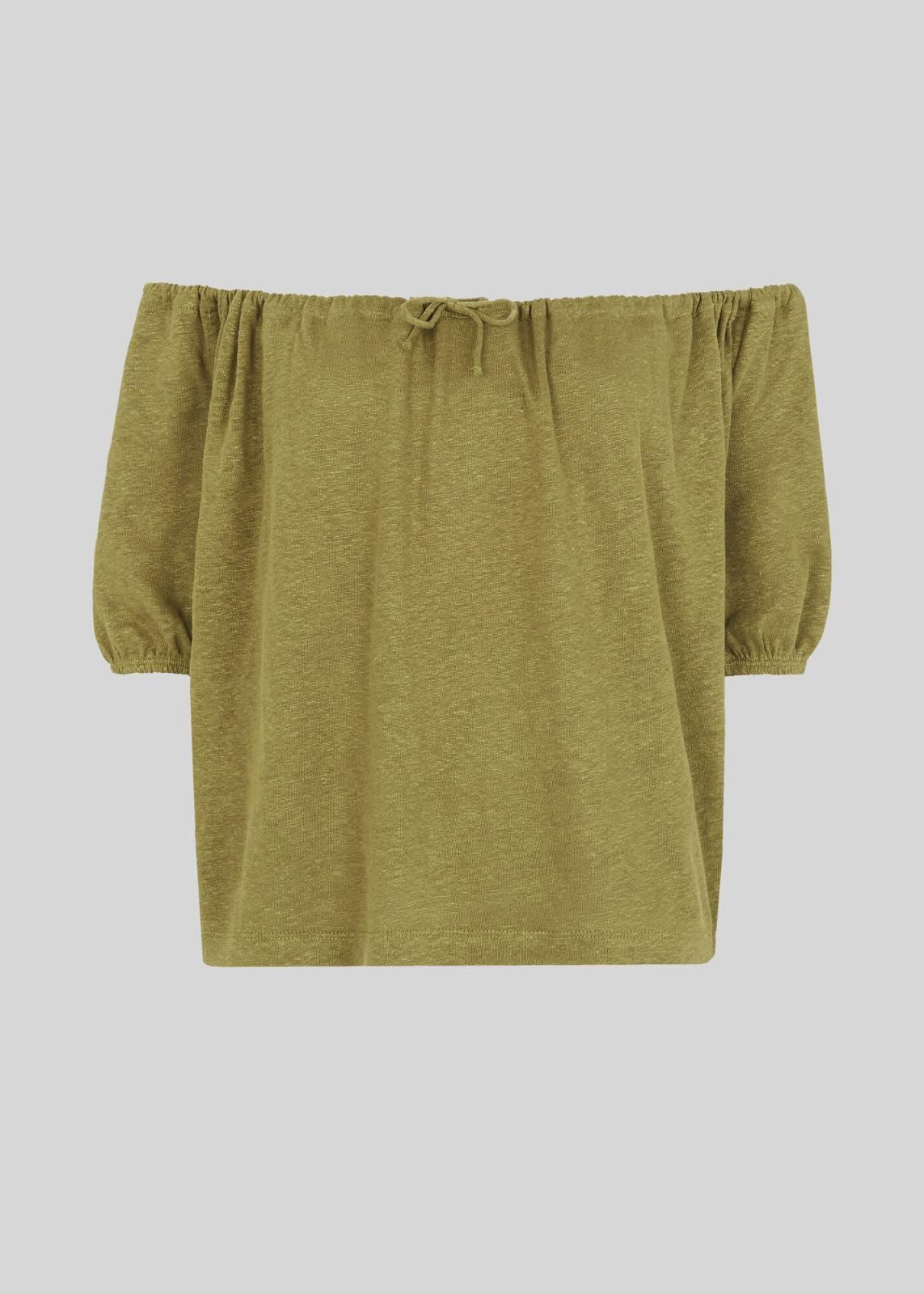 WHISTLES Ladies Olive Green Linen Drawstring Bardot Top Size S BNWT RRP55