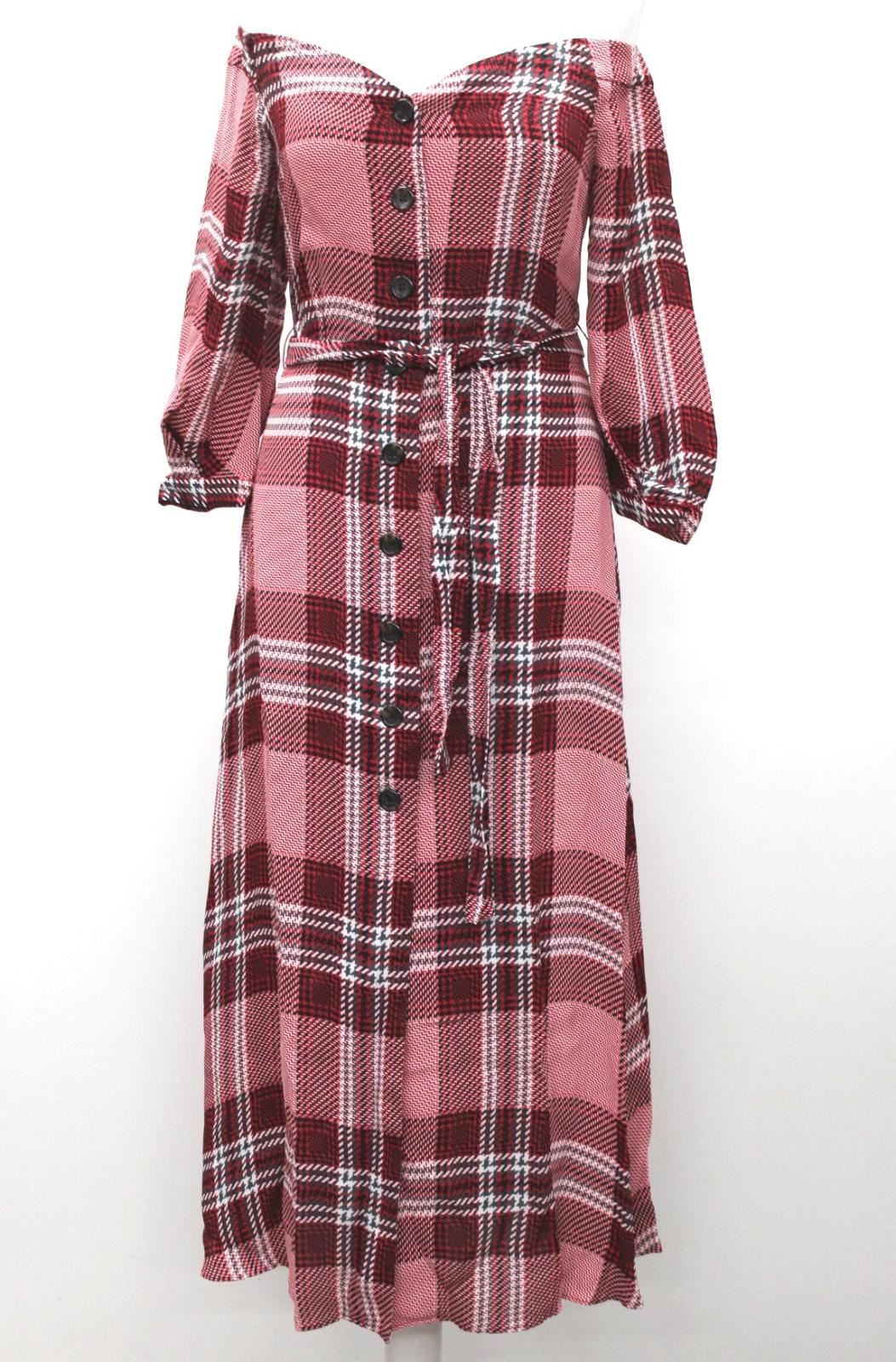 WHISTLES Ladies Red Multi Check Print Bardot Shirt Dress RRP 199.00 UK4 BNWT