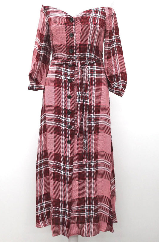 WHISTLES Ladies Red Multi Check Print Bardot Shirt Dress RRP 199.00 UK4 BNWT