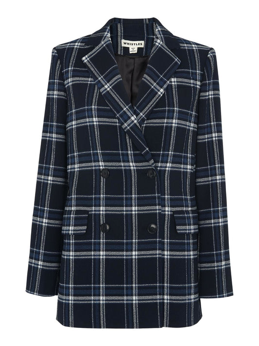 WHISTLES Ladies Check Double Breasted Blazer Jacket Navy Multi L RRP199 BNWT