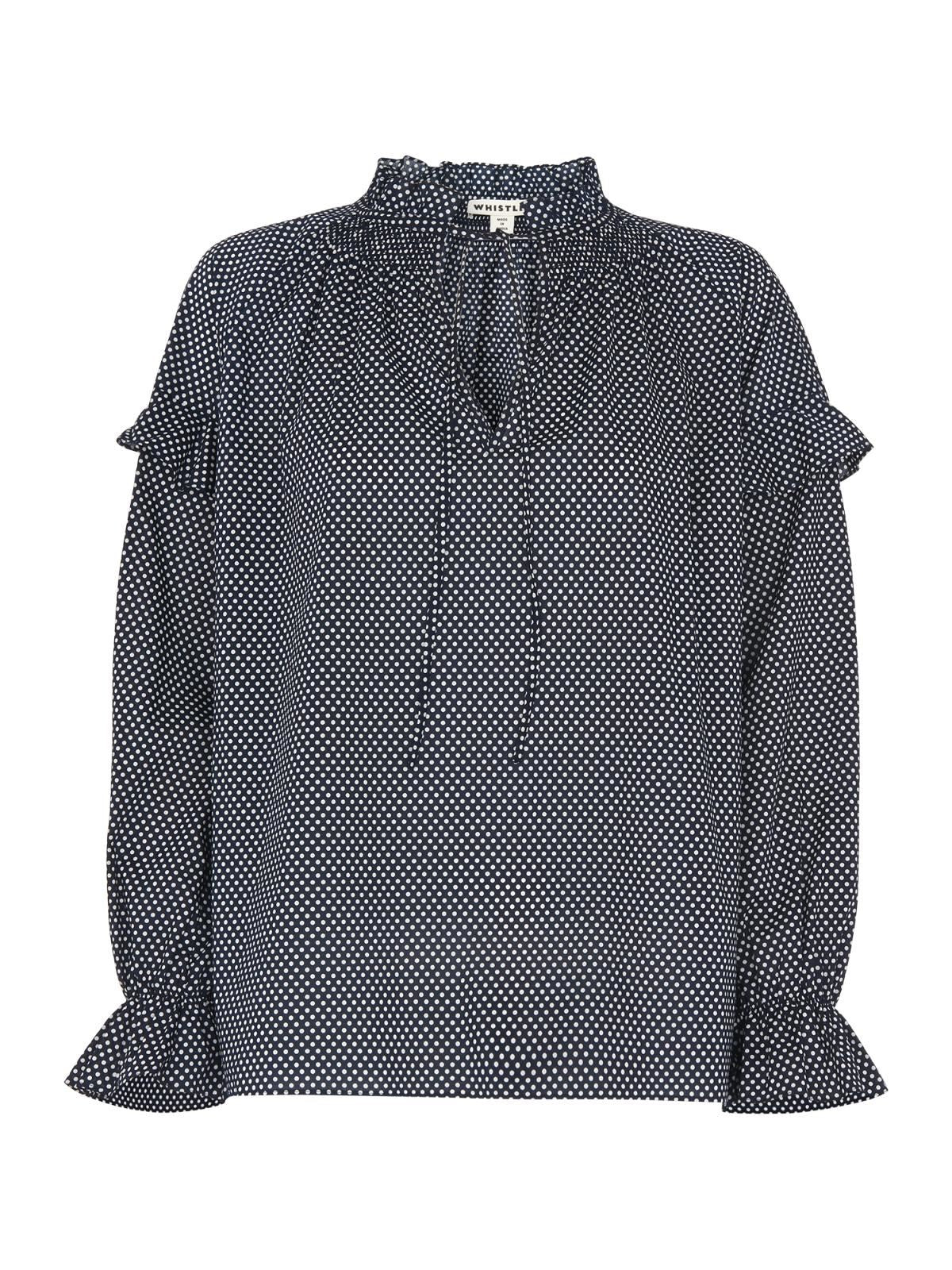 WHISTLES Ladies Navy White Tie Neck Spot Millie Blouse Top UK6 RRP125 BNWT