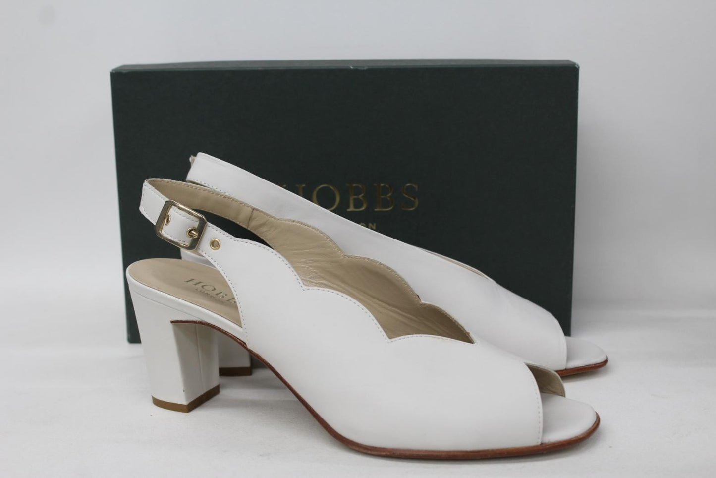 HOBBS Ladies Kali Ice White Leather Block Heel Scalloped Sandal Shoes UK9 NEW
