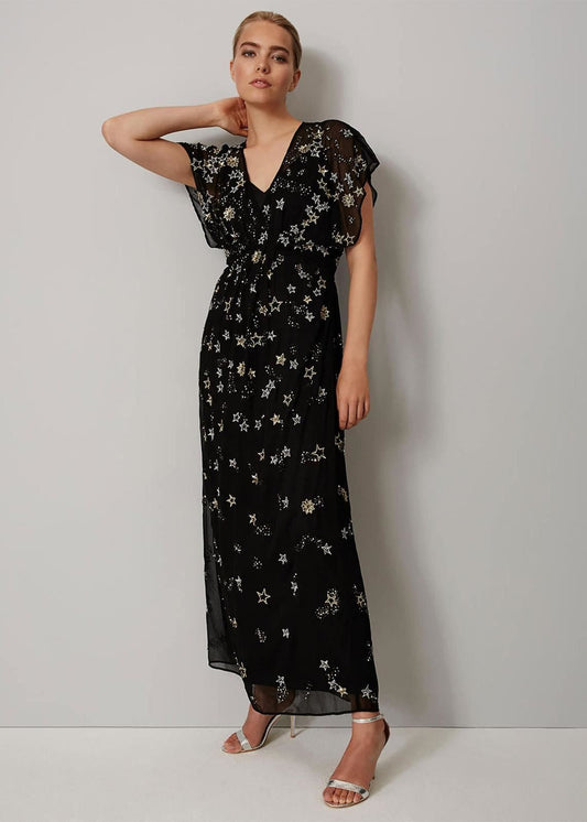 Phase Eight Carlotta Embroidered Star Maxi Maxi Dress Black/Gold Size UK6 RRP350