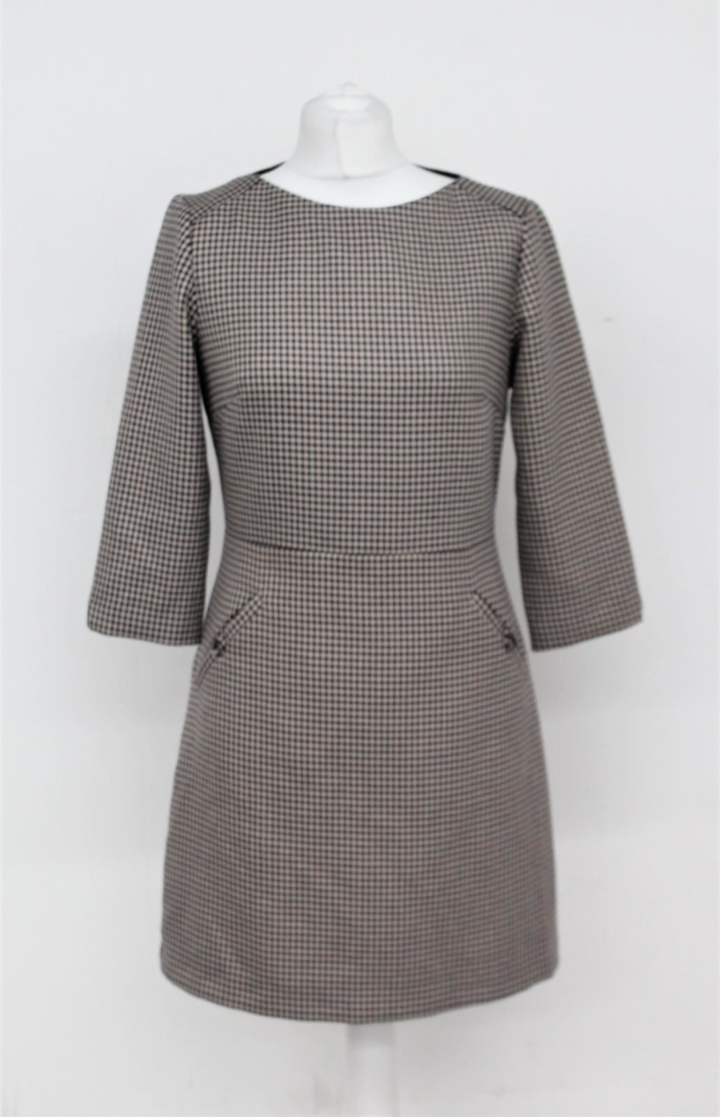 PHASE EIGHT Ladies Brown Houndstooth 3/4 Sleeve Knee Length Shift Dress UK10 NEW