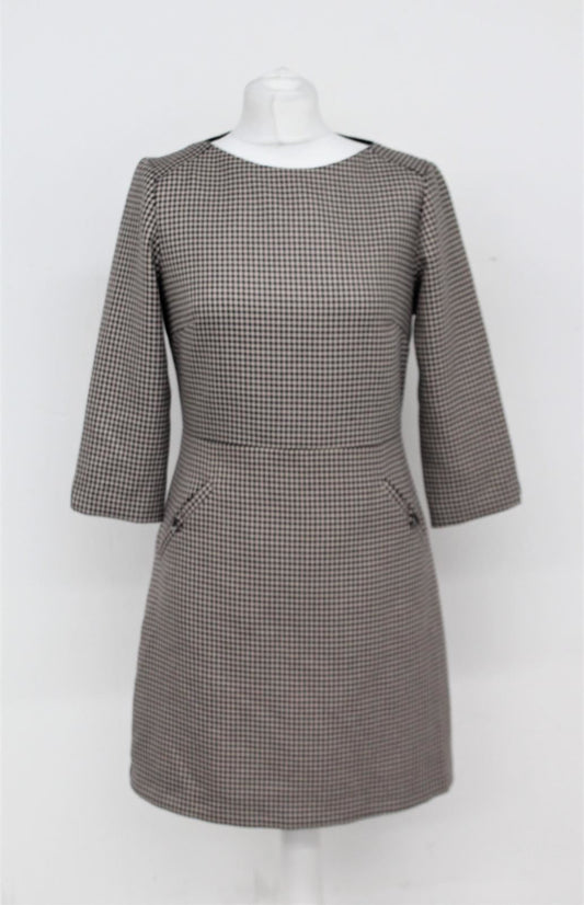 PHASE EIGHT Ladies Brown Houndstooth 3/4 Sleeve Knee Length Shift Dress UK10 NEW