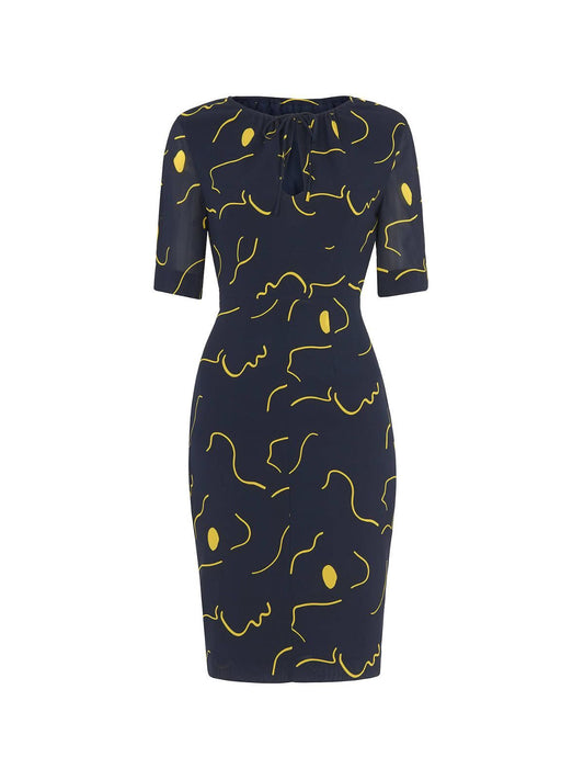 WHISTLES Magnolia Tie Neck Silk Bodycon Dress Navy Multi UK6 RRP169 BNWT