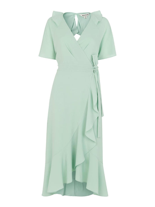 WHISTLES Abigail Frill Wrap Dress Short Sleeve Pale Green UK4 RRP159 BNWT