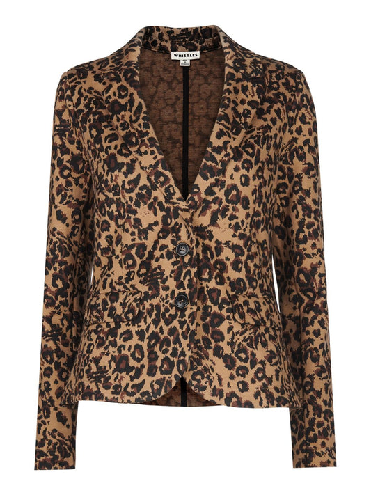 WHISTLES Animal Jacquard Jersey Jacket Brown Leopard Print UK6 RRP95 BNWT