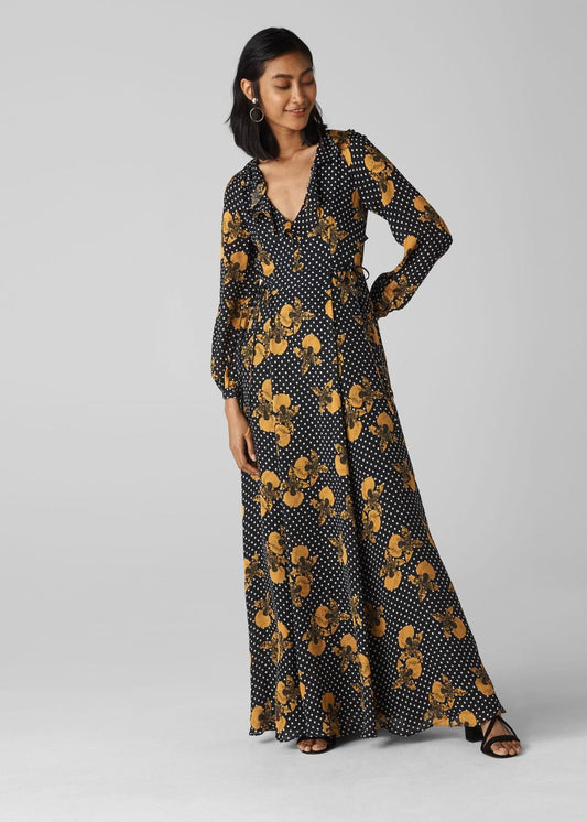 WHISTLES Ladies Kira Black Yellow Spot Floral Maxi Dress UK6 BNWT RRP349