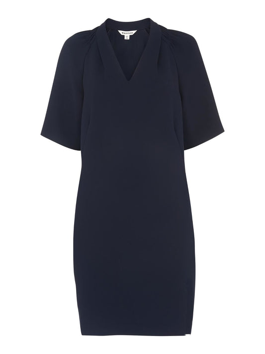 WHISTLES Ladies Devyn Crepe Dress Navy V-Neck Short Sleeve UK6 RRP129 NEW