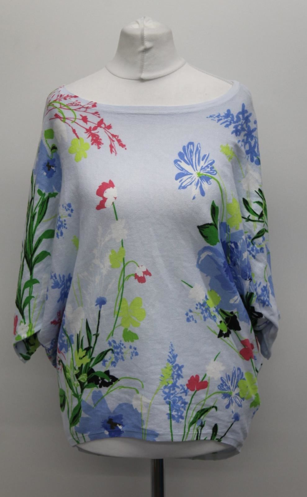 PHASE EIGHT Ladies Blue Cotton Floral Print 3/4 Sleeve Boat Neck Top Size XS