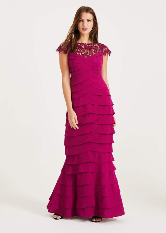 Phase Eight Alix Layered Fishtail Maxi Dress Magenta Size UK14 RRP325