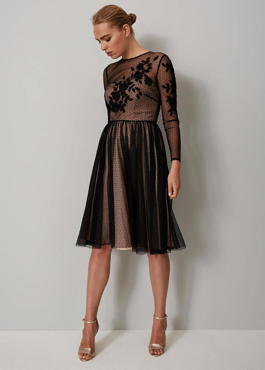 Phase Eight Nishi Tulle Long Sleeve Fit & Flare Dress Black/Nude Size UK6 RRP275