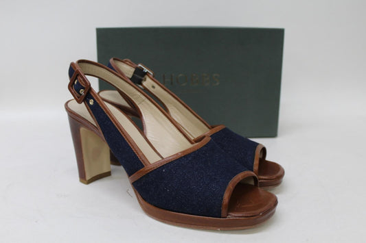HOBBS Ladies Navy Blue Denim Calf Leather Slingback Rebecca Sandals UK8 NEW