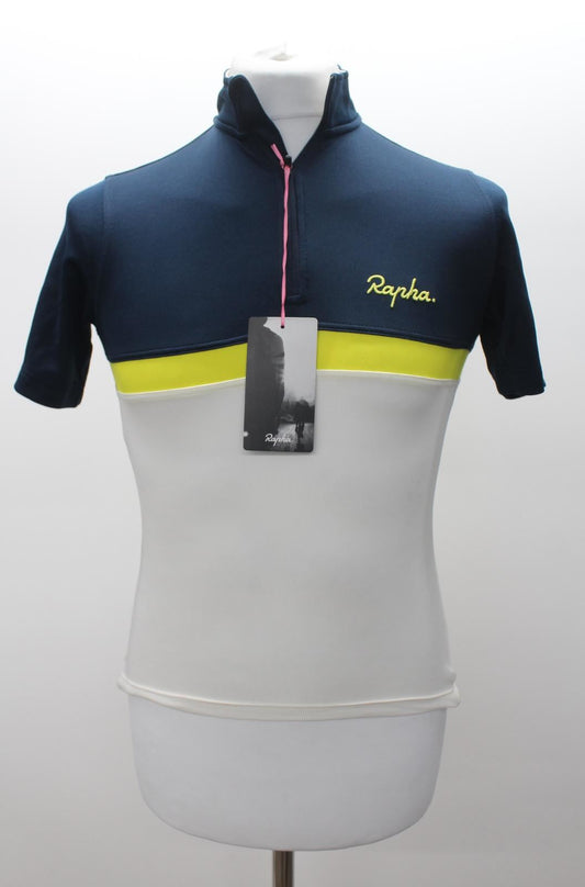 RAPHA Men's White Navy Blue Short Sleeve Merino Wool Club Cycling Jersey XS BNWT
