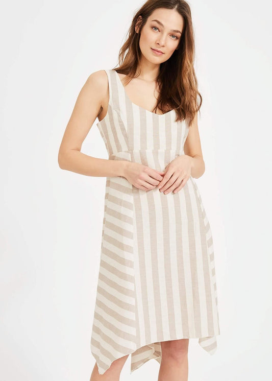 Phase Eight Susie Linen Stripe Fit & Flare Dress Stone/Ivory Size UK12 RRP89