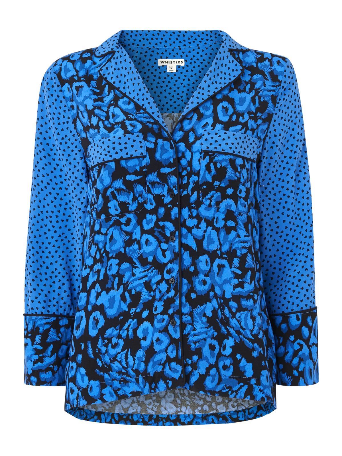 WHISTLES Ladies Jungle Cat Print Pyjama Shirt Blue & Black XS RRP99 BNWT