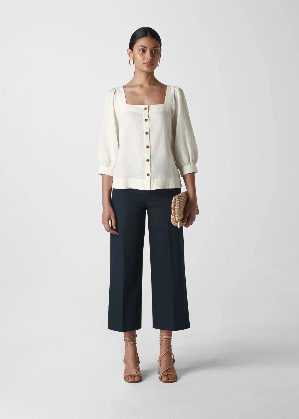 WHISTLES Ladies White Square Neck Linen Button Blouse Top UK4 RRP109BNWT