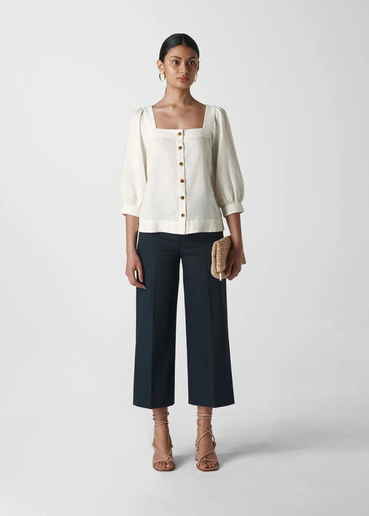 WHISTLES Ladies White Square Neck Linen Button Blouse Top UK4 RRP109BNWT