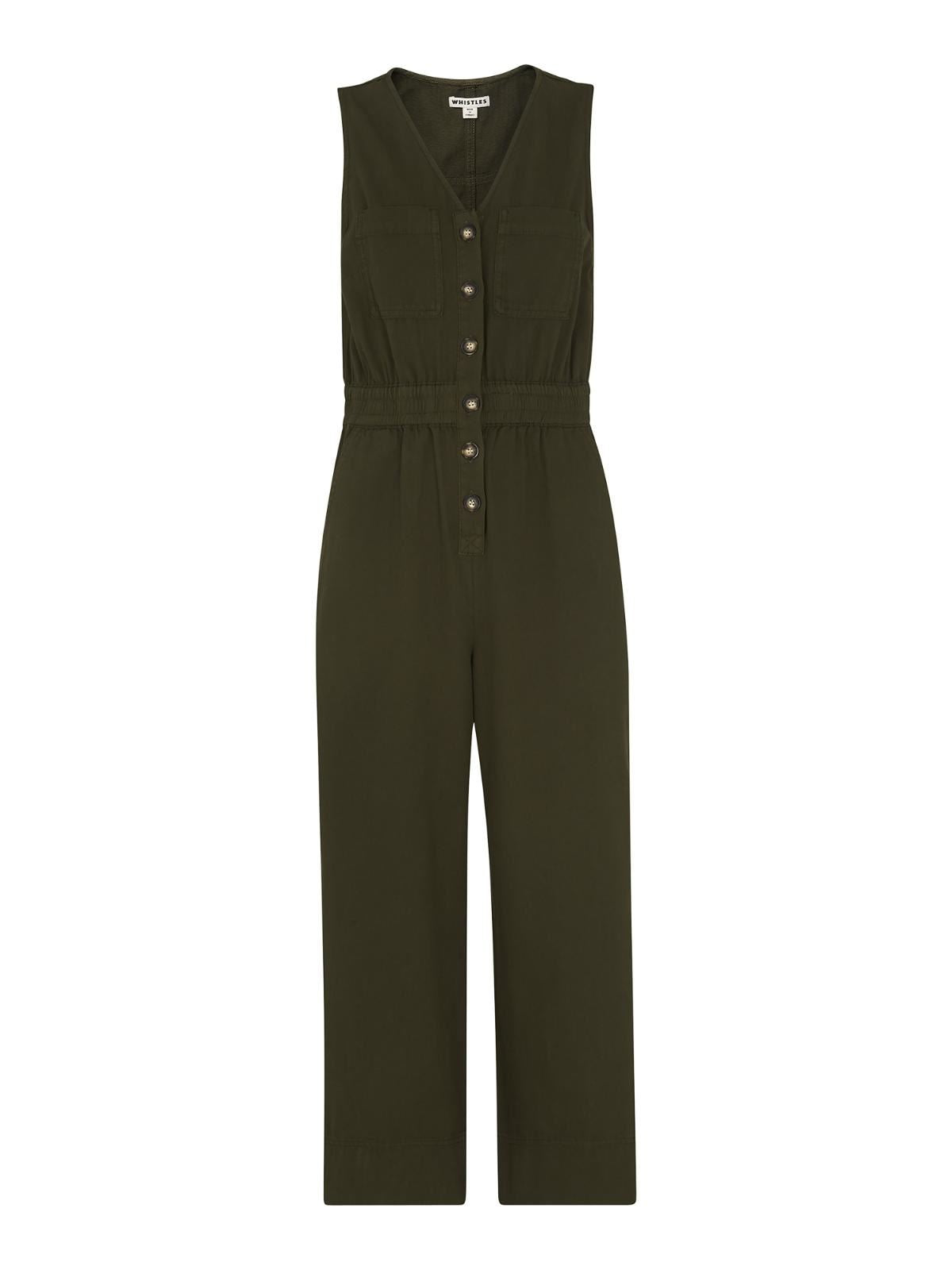 WHISTLES Ladies Ria Khaki Green Denim Button Up Jumpsuit Size UK6 RRP139 BNWT
