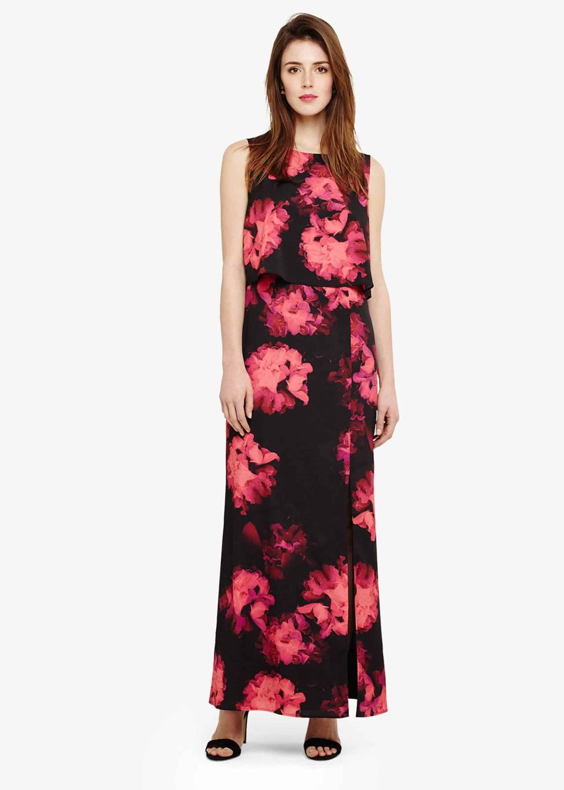 Phase Eight Ali Floral Printed Maxi Dress Black/Hot Pink Size UK8 RRP120